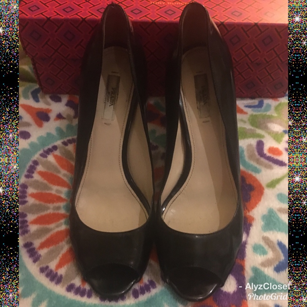 Prada black patent peep toe heels